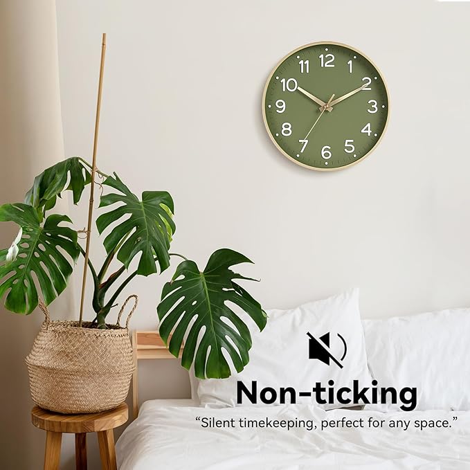 Wall Clock Green, Silent Wall Clocks Battery Operated 8 Inch-Modern Non Ticking Analog Clock Decorative for Kitchen Office Bathroom Bedroom(Gold)