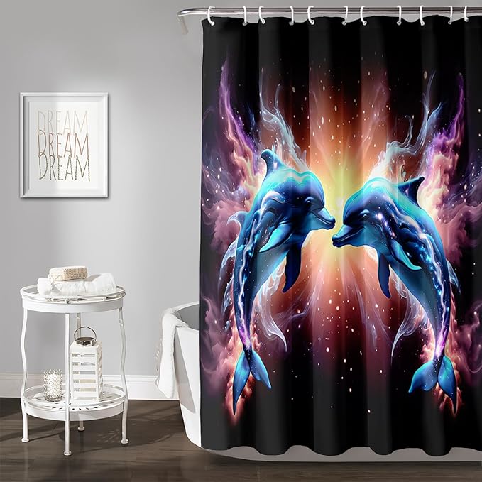 AILONEN 3D Dolphin Shower Curtain for Bathroom, Cute Kawaii Blue Ocean Dolphin Bath Curtain,Fantasy Smoky Print Black Curtain Waterproof with 12 Plastic Hooks for Boys Girls 36" W*72" H