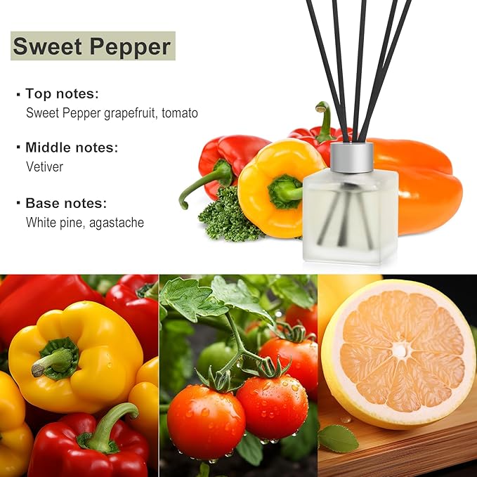 Reed Diffuser, Sweet Pepper Scented Oils, 3.4 oz Vegetable Aroma Air Freshener with Diffuser Sticks, Long Lasting Essential Oil Home Fragrance for Office Shelf Bathroom Decor (1 Pack)