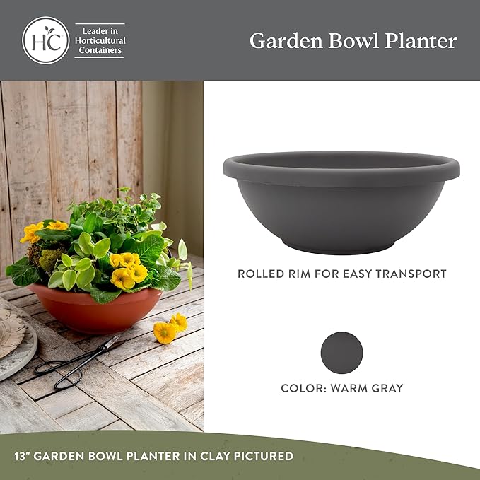 The HC Companies Shallow Planter with Drainage - Contemporary Garden Bowl Planter for Flowers, Herbs & More - Round Succulent Planter Pot for Indoors and Outdoors (15.5" Warm Gray, Pack of 2)