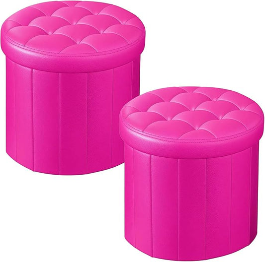 Ottoman with Storage, Foot Rest Stool with Thicker Foam Padded Seat Leather Small Round 14“ x 14” x 13 "Inchs Storage Ottoman Bench for Living Room Foldable Pouf Coffee Table 2 Pack, Rose Red