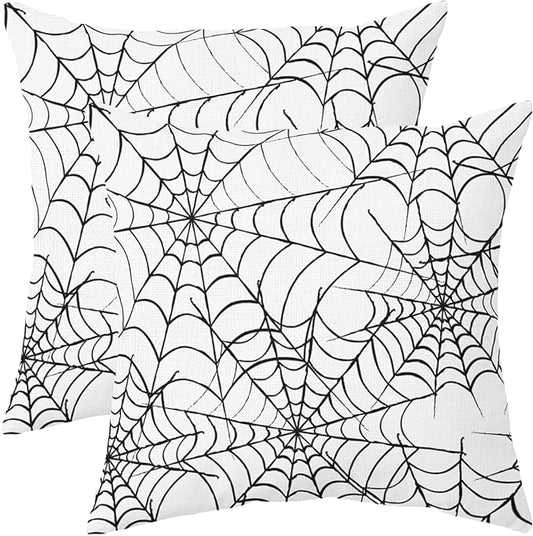 Halloween Spiderweb Pillow Covers 22x22 Set of 2 White Black Web Outdoor Decorative Throw Pillows Halloween Scary Themed Farmhouse Pillowcases Linen Cushion Case Decor for Home Sofa Couch Bed