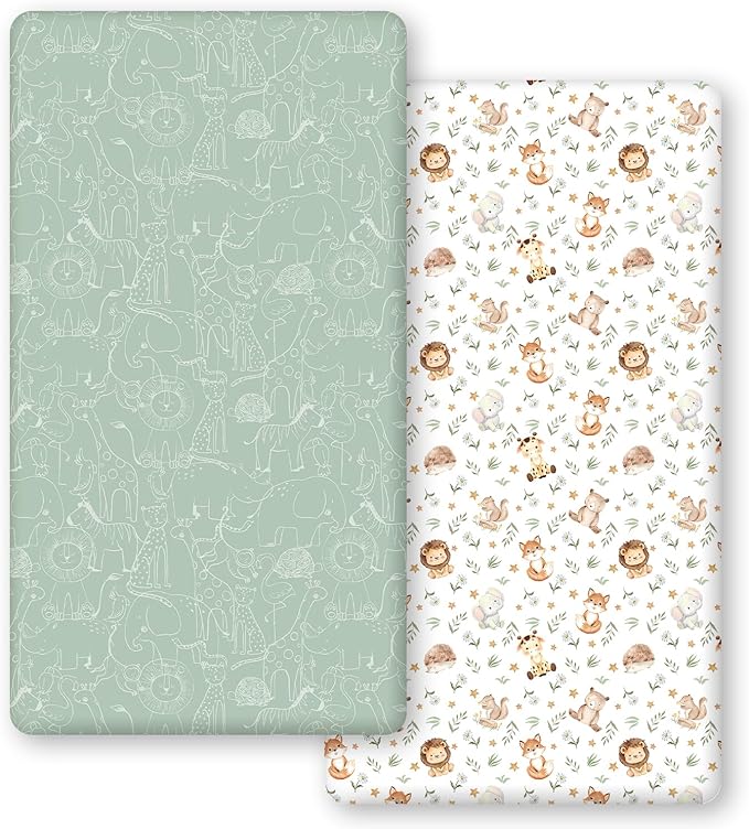 Horaldaily 2 Pack Fitted Crib Sheet for Boys Girls,Soft Breathable Washable Jersey Microfiber Baby Crib Sheet, Fits Standard Size Crib Mattress 28in x 52in, Cute Animals Nursery Sheet Green/White