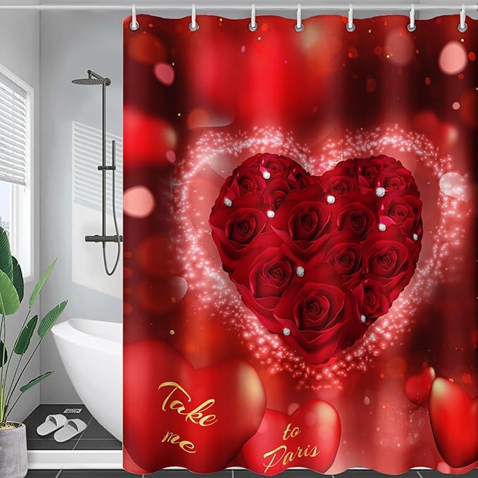 AILONEN Red Rose Hearts Printed Shower Curtain,Romantic Rose Lover Couple Bath Curtain,Fantasy Love Hearts Red Curtain for Bathroom Decor 72" W x 96" H,Waterproof