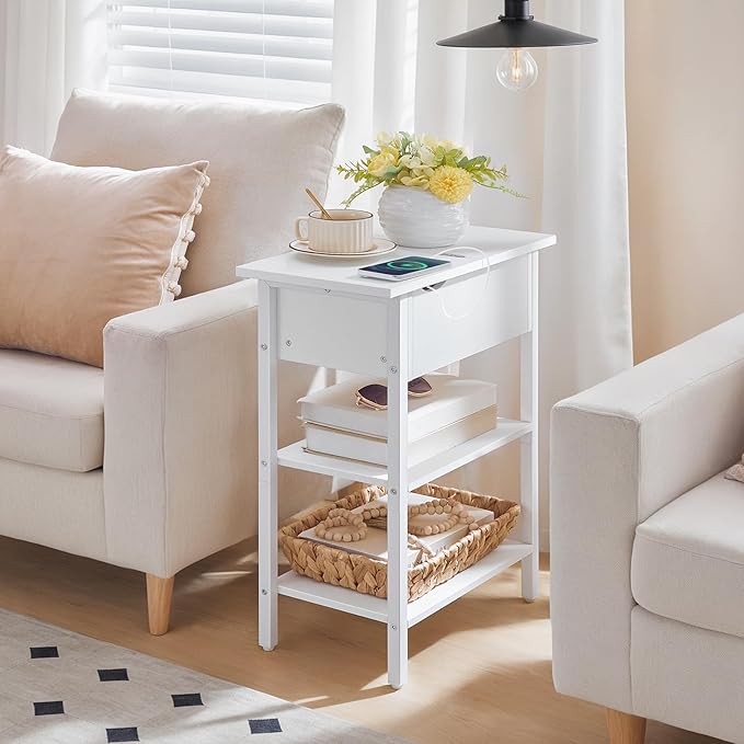 HOOBRO End Table with Charging Station, Narrow Side Table, Flip Top Nightstand with USB Ports and Outlets, Bedside Tables with Shelf for Small Spaces, Living Room, White WT341BZ01