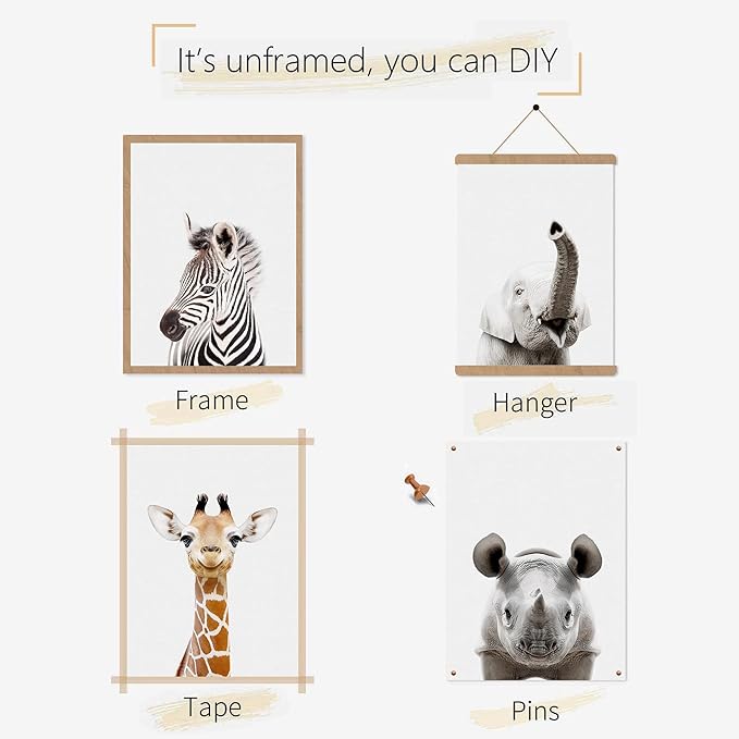 Safari Cute Animal Decor: Rhino, Giraffe, Zebra - Wall Art for Baby Bedroom (8x10, Unframed)