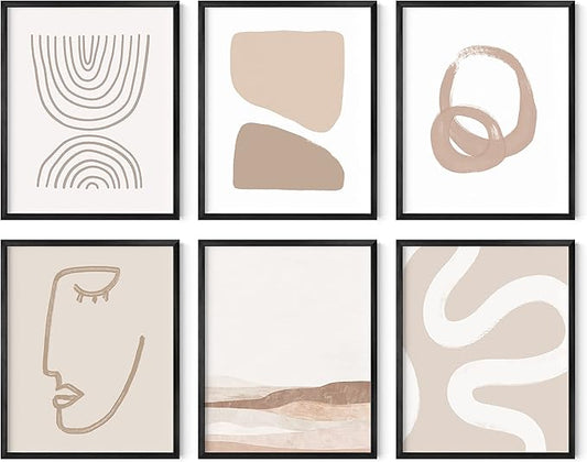 HAUS AND HUES Frameable Beige Boho Art Wall Decor - Set of 6 Neutral Mid Century Modern Wall Art, Minimalist Wall Art, Neutral Wall Decor, Beige Boho Posters for Room Aesthetic (Black Frame, 16x20)
