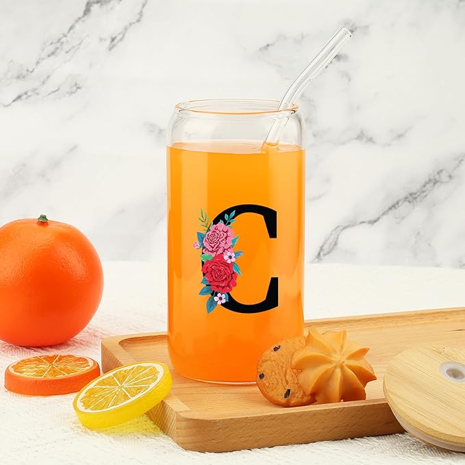 Gifts for Women, 16OZ Initial Glass Cups w/Lid Straw, Flower Tumbler, Aesthetic Cup, Monogrammed Iced Coffee Cup, Mother's Day, Birthday, Summer Break Gifts for Mom Daughter Sister Friend - Letter C