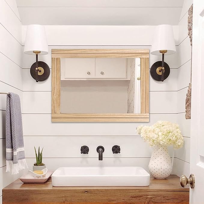 AAZZKANG Rustic Mirrors for Wall with Rectangular Wood Frame Decorative for Farmhouse Bedroom Bathroom Living Room Home Office Large 26"x18"