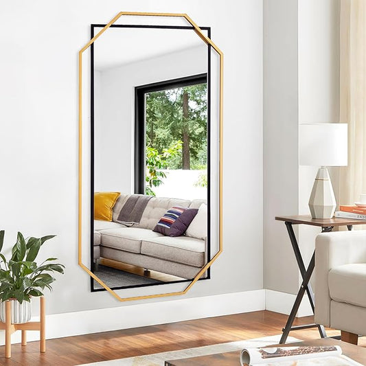 Black and Gold Large Mirror for Bedroom Wall, Extra Bathroom Rectangular Mirror with Decorative Metal Octagonal Frame, for Entryway,Living Room, Dining Room (60"x30.5")