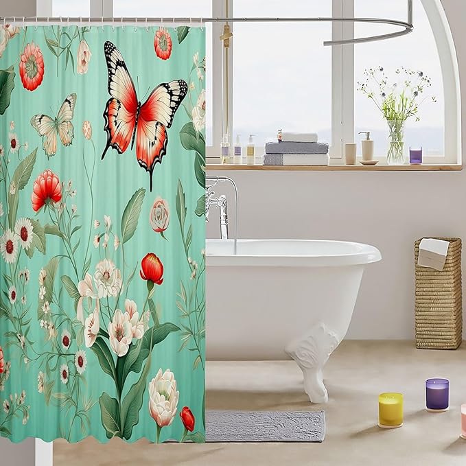 Feelyou Floral Flower Fabric Shower Curtain Red Butterfly Shower Curtain for Teens Green Bathroom Waterproof Accessories with 12 Hooks Flower Botanical Curtains,72x72 Inches