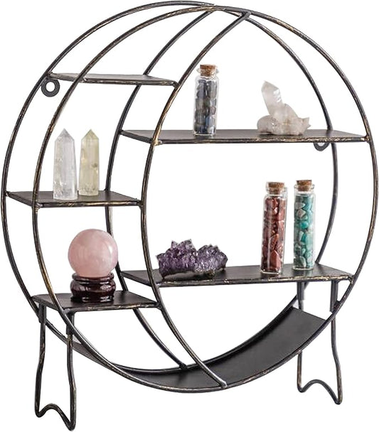 Moon Shelf for Crystals - Circle Shelf Wall Decor for Wall and Countertop - Crystal Shelf Display for Stones, Essential Oil, Pendulum - Boho Hanging Moon Shelves (Retro Black)