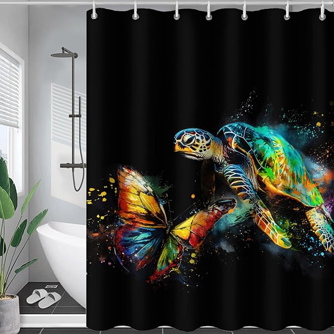 AILONEN Sea Turtle Shower Curtain, Tie Dye Turtle and Butterfly Bathroom Curtain,Minimalist Black Bath Curtain 48" W*72" H Polyester Waterproof Bathroom Curtain with 12 Hooks