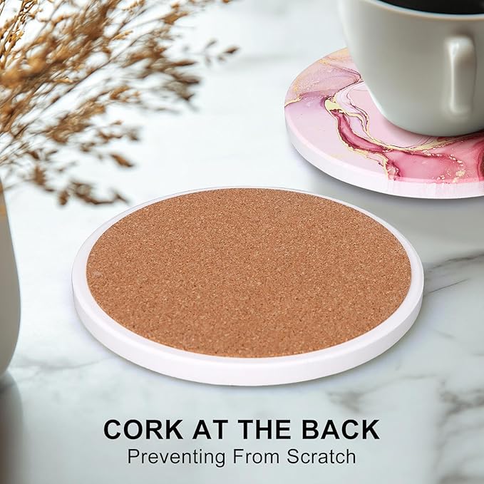 6 Pcs Pink Marble Abstract Ceramic Coasters with Holder Best Round Drink Absorbent Coaster for Desk, Lounge, Coffee Table, Wine, Beverage, Bar Coasters Set