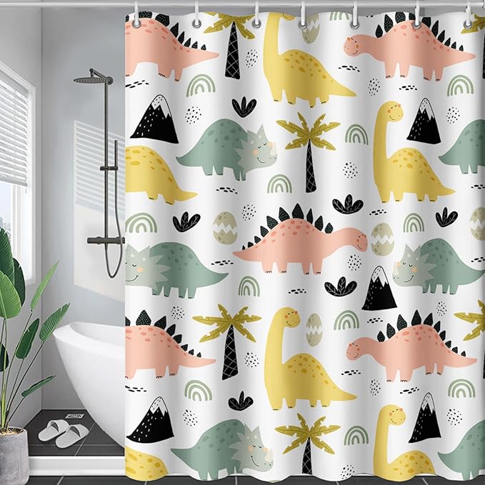 AILONEN Dinosaur Shower Curtain for Kids Boys Girls, Cute Kawaii Dinosaur Bathroom Curtain,Tropic Tree Leaves Printed Bath Curtain 72" W*72" H Polyester Waterproof Bathroom Curtain with 12 Hooks