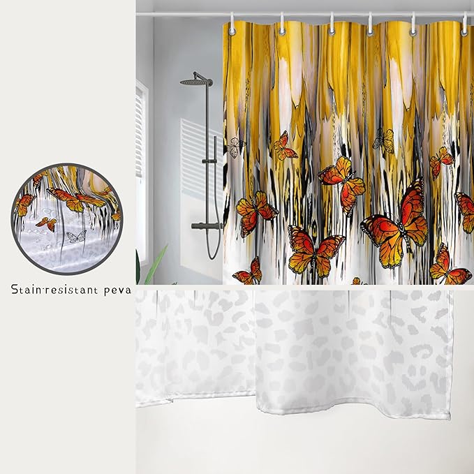 AILONEN Butterfly Shower Curtain for Bathroom Yellow Ink Fluid Painting Grey Leopard Bath Curtain 72" W*78" H Polyester Fabric Waterproof Bathroom Curtain with 12 Hooks