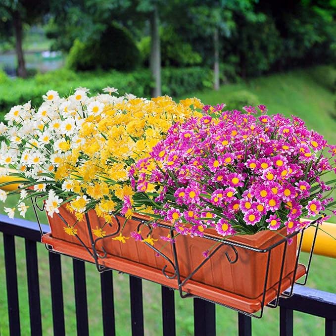 Artificial Daisies Flowers Outdoor UV Resistant 4 Bundles Fake Foliage Greenery Faux Plants Shrubs Plastic Bushes for Window Box Hanging Planter Farmhouse Indoor Outside Decor(Magenta)