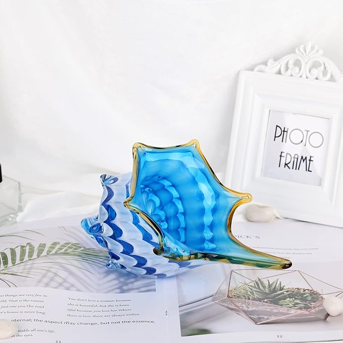 DOVDOV Hand Blown Glass Shell Decoration, Modern Art Glass Conch Statue, Blue and White Home Decorative Shells for Home Living Room, Coffee Table, TV Stand, entryway Entrance, Mantelpiece Decoration