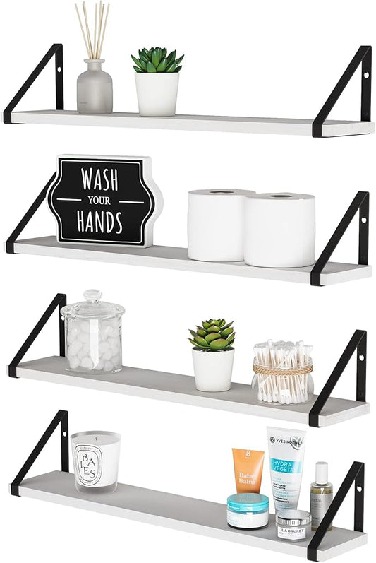 Wallniture Ponza Shelves for Bathroom Over Toilet Storage, 24" White Floating Shelves for Wall, Wall Bookshelves Living Room Bedroom Decor Set of 4
