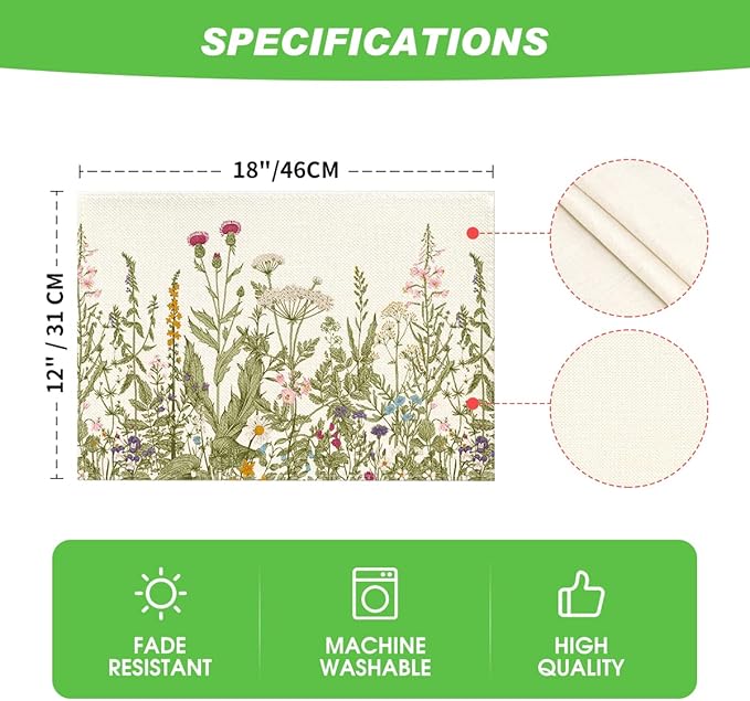 Artoid Mode Antique Herbs and Wild Flowers Summer Placemats Set of 4, 12x18 Inch Seasonal Wildflower Spring Table Mats for Party Kitchen Dining Decoration