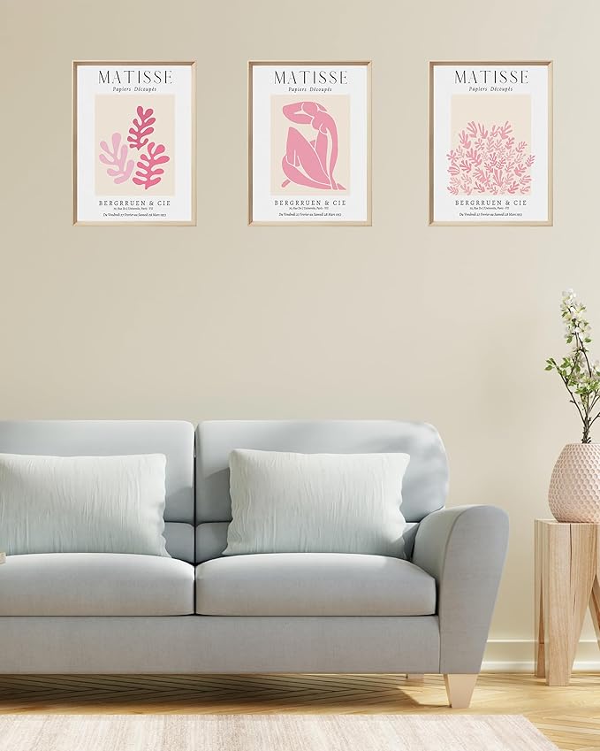 Framed Matisse Pink Canvas Wall Art,Abstract Matisse Canvas Wall Decor,16x12IN High Framed Wood Design Prints,Minimalist Wood Frame Posters for Living Room,Bedroom,Bathroom Set of 3