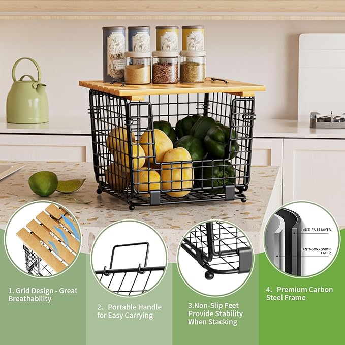 Wire Storage Basket for Kitchen Pantry: GGIU Stackable Kitchen Counter Organizers - Wire Organizing Bin for Produce Vegetable Potato and Onion Black