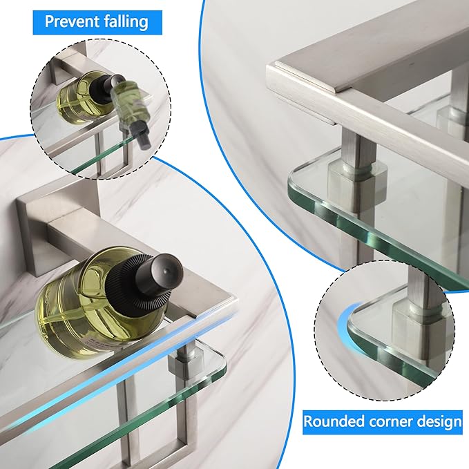 Bathroom Shelves Glass Shelf with Bar 20 Inch Floating Tempered Glass Shelf with 2 Towel Rails for Modern Shower Bath Storage Glass Rack Wall Mounted Stainless Steel Brushed Nickel，A7617BN