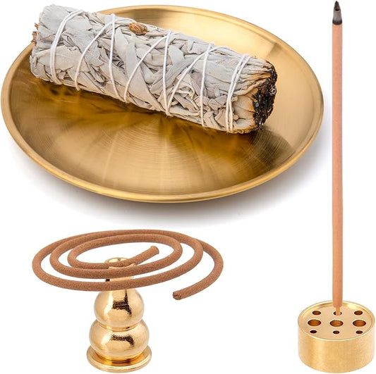 OIIKI 3 in 1 Stick Incense Burner, 5.5 Inch Brass Incense Holder, Alloy Cone Ash Catcher for Indoor Outdoor Use