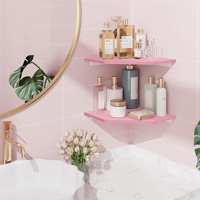 Homode Corner Floating Shelves, Corner Wall Shelf with Cord Hole, 2 Tier Wood Hanging Corner Shelf for Bathroom, Bedroom, Living Room, Pink