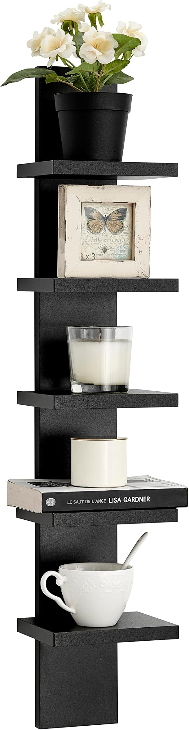 Danya B 5 Tier Wall Shelf Unit Narrow - Vertical Column Ladder Shelf, Floating Storage, Home Decor Organizer, Tall Tower Design, Utility Shelving, Bedroom, Living Room (Black)