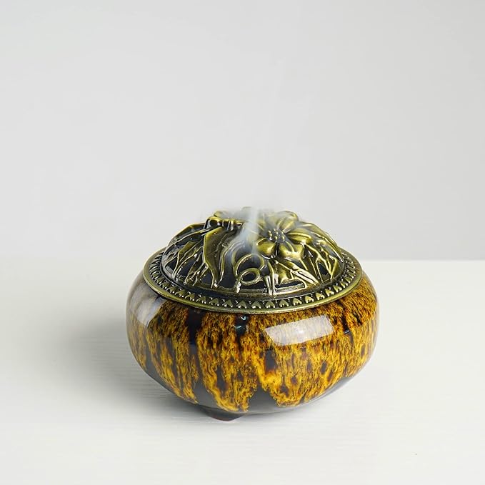 Incense Burner with Calabash Incense Stick Holder - Porcelain Charcoal Censer for Use with Resin Granular Powder Cone or Coil Incense (Kiln-Colored Yellow)