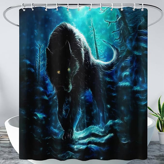 AILONEN Wolf Shower Curtain,Evening Moon Wolf Bath Curtain Gifts for Kids Boys Girls,Safari Wolf Polyester Waterproof with Plastic Hooks 36" W*72" H