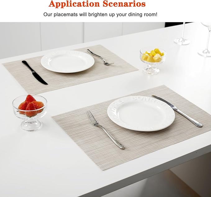 Placemats Set of 8,Washable,Heat and Stain Resistant Indoor/Outdoor Place mats, Vinyl Woven Non Slip Table Mats for Restaurant Table Protection, PVC Table Placemats.(Beige White,8PCS)