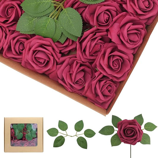 100PCS Burgundy Artificial Flowers White Roses Real Looking Foam Fake Roses with Leaves and for DIY Wedding Bouquets Bridal Shower Centerpieces Party Decorations (Burgundy, 100)