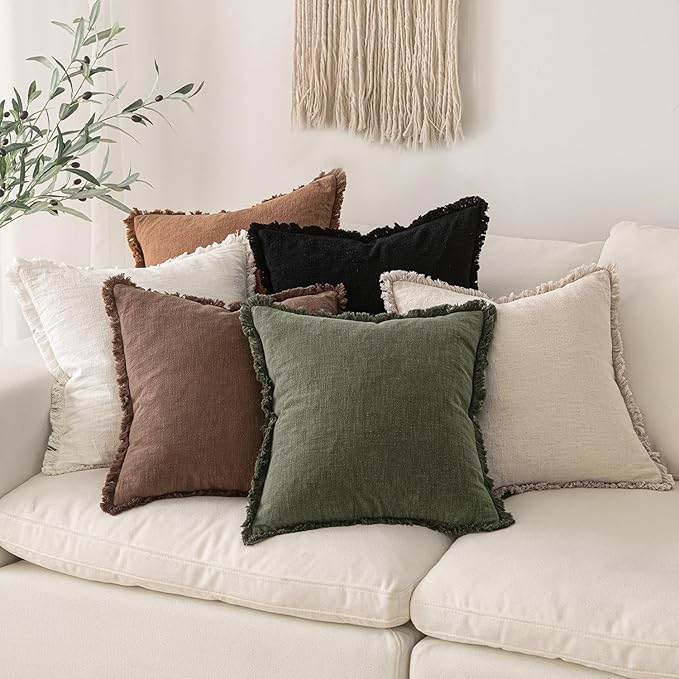 MIULEE Decorative Throw Pillow Covers Neutral Linen Fringe Throw Pillows Set of 2 Black Boho Farmhouse Cushion Covers with Tassels for Couch Sofa Bed Living Room Spring Home Decor 16x16 Inch