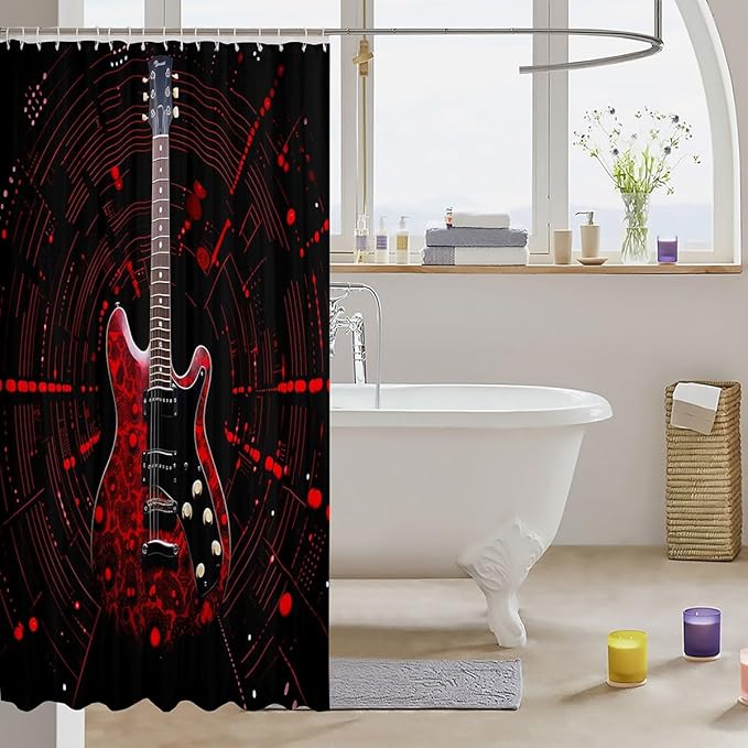 Feelyou Red Guitar Bathroom Waterproof Accessories with 12 Hooks Guitar Instruments Fabric Shower Curtain for Boys Girls Rock Music Shower Curtain Splash-Ink Curtains,72x84 Inches