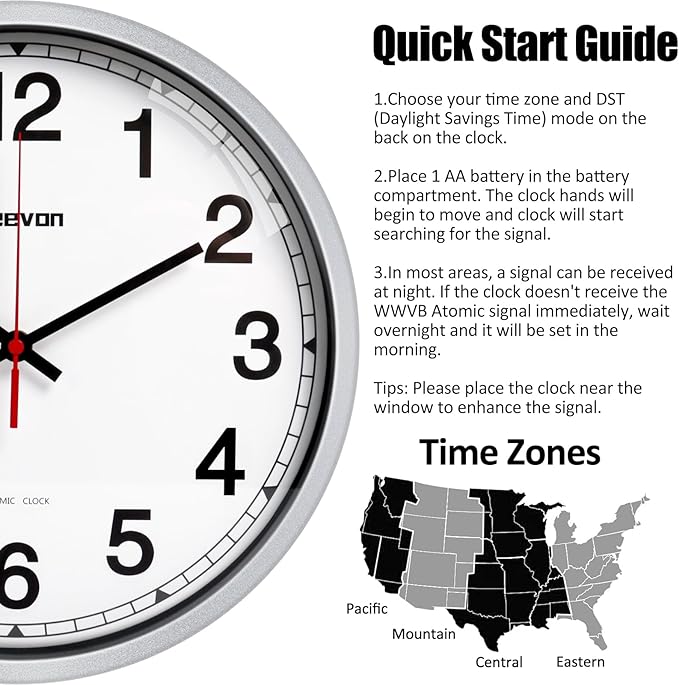 Geevon Atomic Wall Clock 14 Inch, Atomic Analog Wall Clocks Battery Operated, Large Digits Atomic Clock for/School/Classroom/Bedroom/Living Room/Office (Silver Frame)