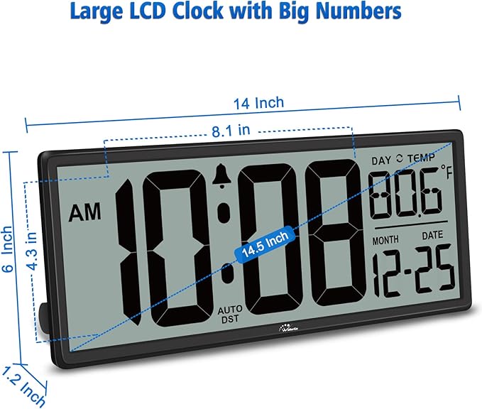 WallarGe 14.5'' Large Digital Wall Clock Battery Operated with Jumbo Numbers, Temperature and Date - Easy to Read and Set, Auto DST