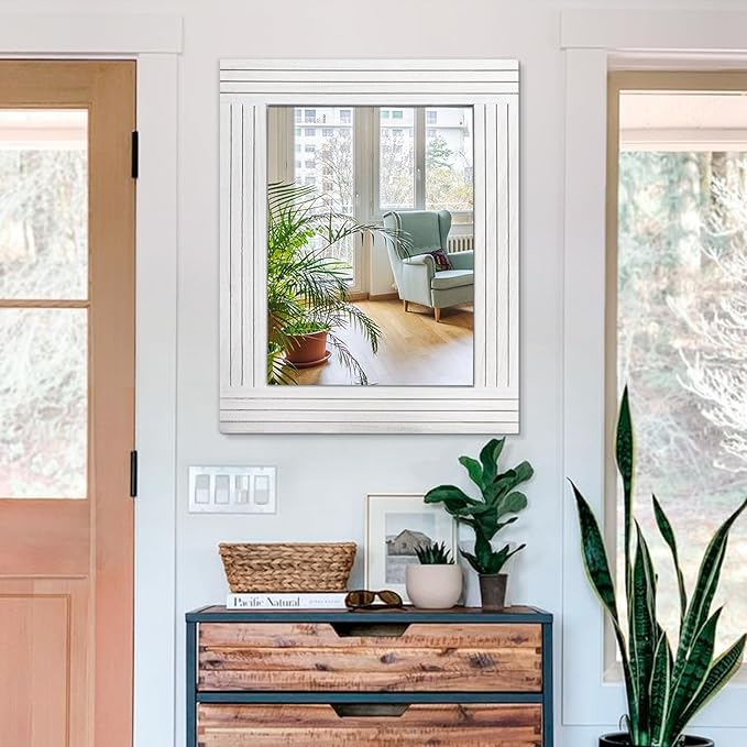 Large Rustic Wall Mirror, Rectangular Vintage Wood Framed Large Mirror Deco Farmhouse Living Room Bathroom Bedroom Entrance Mirror White 26" x 18"