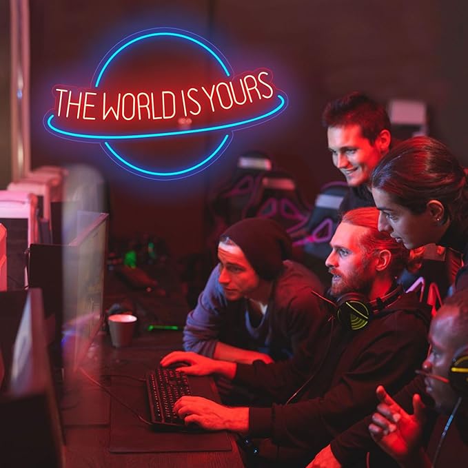 The World is Yours Neon Sign Planet LED Neon Light for Wall Decor Dimmable Blue Light Up Signs for Man Cave Beer Bar Wedding Game Room Bedroom Birthday Party Decor Gift