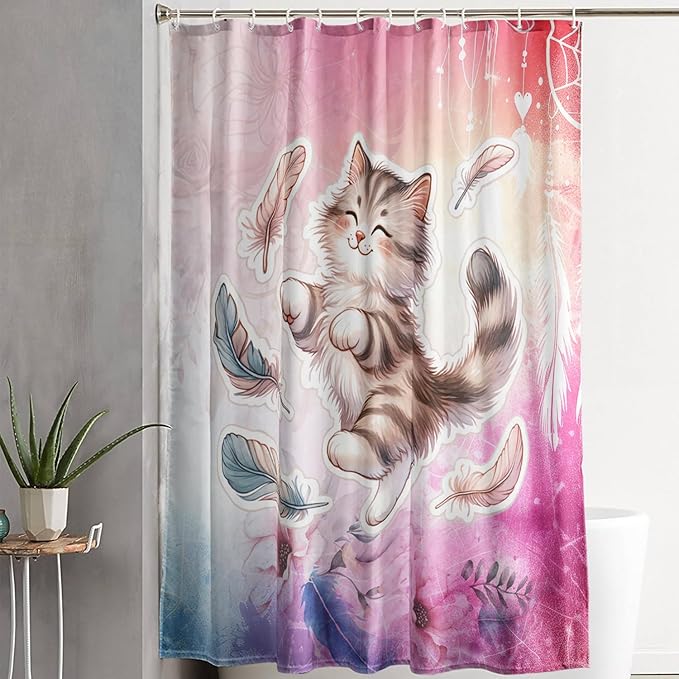 AILONEN Cartoon Cat Shower Curtain,Kawaii Dance Kitten and Feathers Bathroom Curtain Set for Kids Boys,Cute Animal Kittens Waterproof Shower Curtain for Bathroom, 72" W*78" H Pink