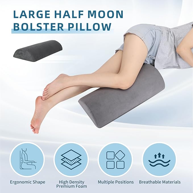 Under Knee and Leg Pillow for Back Sleeping - Half Moon Bolster Pillow for Lower Back and Head, Semi Roll Round Lumbar Support Pillow for Side, Back, Stomach Sleepers (Darkgrey)