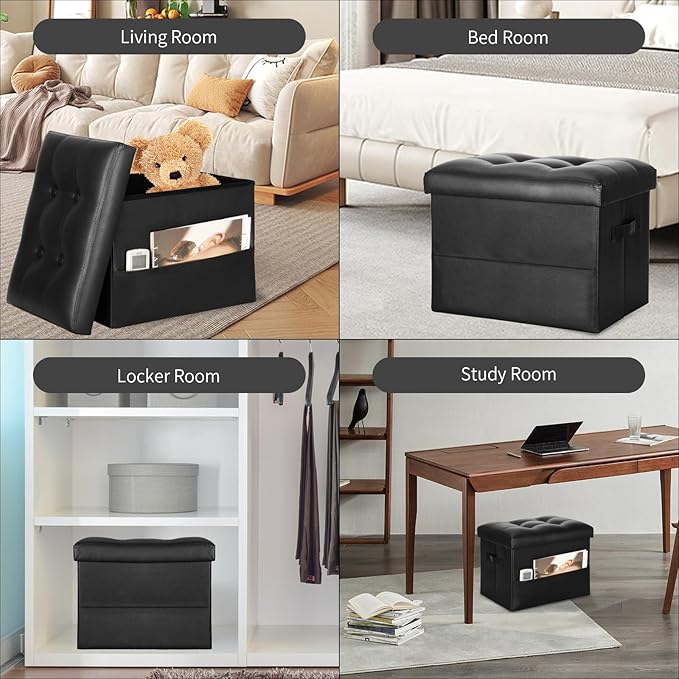 Storage Ottoman Foot Rest Stool with Thicker Foam Padded Seat. Foldable Leather Footstool Bench. Small Ottoman with Storage for Living Room Bedroom Coffee Table 350 lbs, 17x13x13in, Black