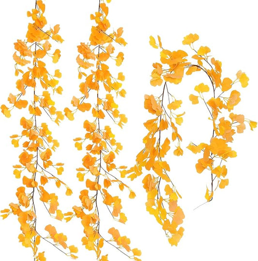RECUTMS Artificial Fall Garland Hanging Ginkgo Biloba Twigs Vines 2Pcs 5.57FT Fake Ginkgos Leaf Rattan Faux Ivy for Thanksgiving Christmas Party Wedding Indoor Outdoor Home Fence Fireplace Table Decor