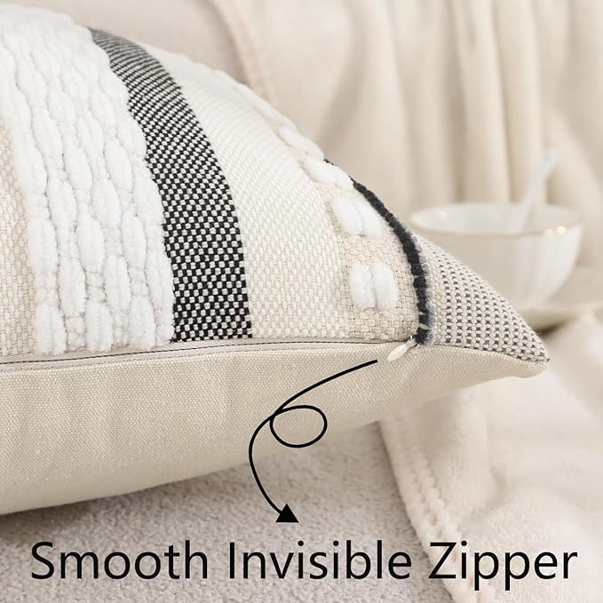 Tosleo Boho Throw Pillow Covers 18x18 Set of 2 Striped Decorative Pillow Cases Accent Chenille Pillowcases Farmhouse Cushion Case Bohemian Nuetral Textured Pillow Cover,White