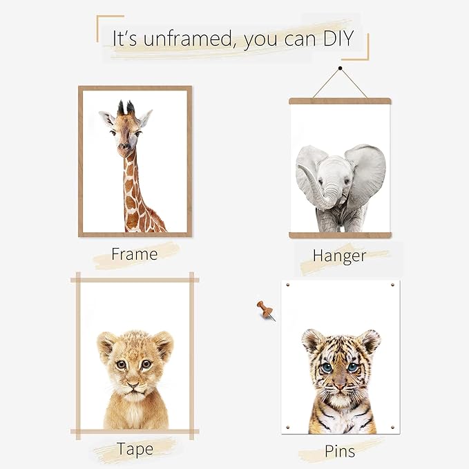 Set of 6 Baby Safari Nursery Wall Decor - Picture Cute Animal Wall Prints on Canvas, under 20 dollars gifts for Baby Boys and Girls Room, UNFRAMED Wall Art(8 x 10 inch)