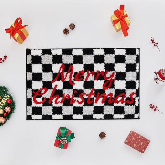 Douceur Christmas Checkered Bathroom Rugs, Cute Black Bath Mat, Christmas Bathroom D cor Non Slip Bath Rugs, Soft and Absorbent Washable Bath Rugs for Bath 32"X20"
