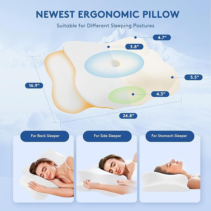 Cervical Pillow for Neck Pain Relief, Cooling Contour Memory Foam Pillows Support Odorless Ergonomic Neck Pillow Adjustable Orthopedic Bed Pillow for Side Back Stomach Sleeper with Pillowcase