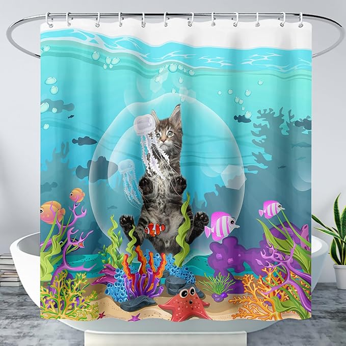 AILONEN Funny Cat Shower Curtain for Bathroom, Ocean Animal Print Shower Curtain, 36" W*72" H Waterproof Polyester Cat Lover Shower Curtain Decor Bathroom with Grommets and Hooks