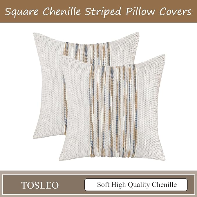 Tosleo Decorative Throw Pillow Covers 18x18 inch Set of 2 Boho Chenille Tufted Pillow Cover Textured Pillow Covers Striped Pillow Cases Accent Pillow Cases Farmhouse Cushion Case,Yellow and Blue